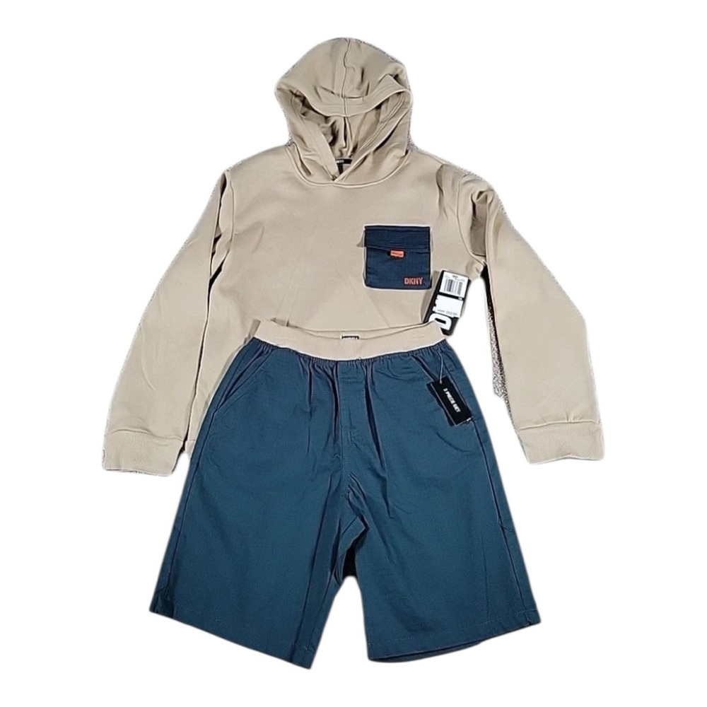 DKNY Boys‎ Hoodie & Shorts Set  Size 8 Tan and Navy
